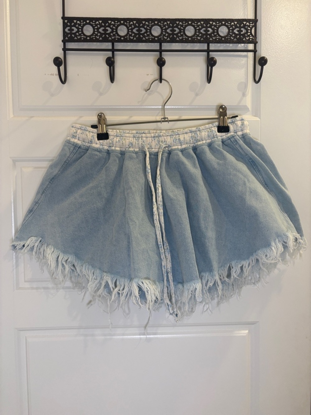 Peach Love California Denim Lounge Shorts Frayed Hem Elastic Waist